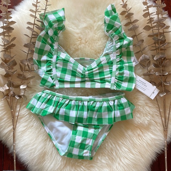 NWT Janie and Jack green white gingham girls swimsuit 2 piece bikini NEW!